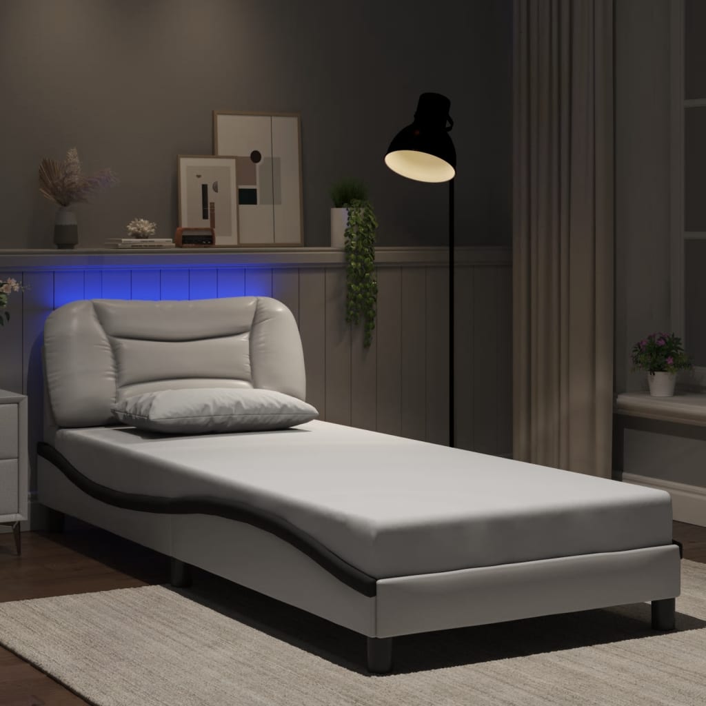 Bedframe met LED-verlichting kunstleer wit en zwart 90x200 cm is nu te koop bij PeponiXL, paradijselijk wonen!