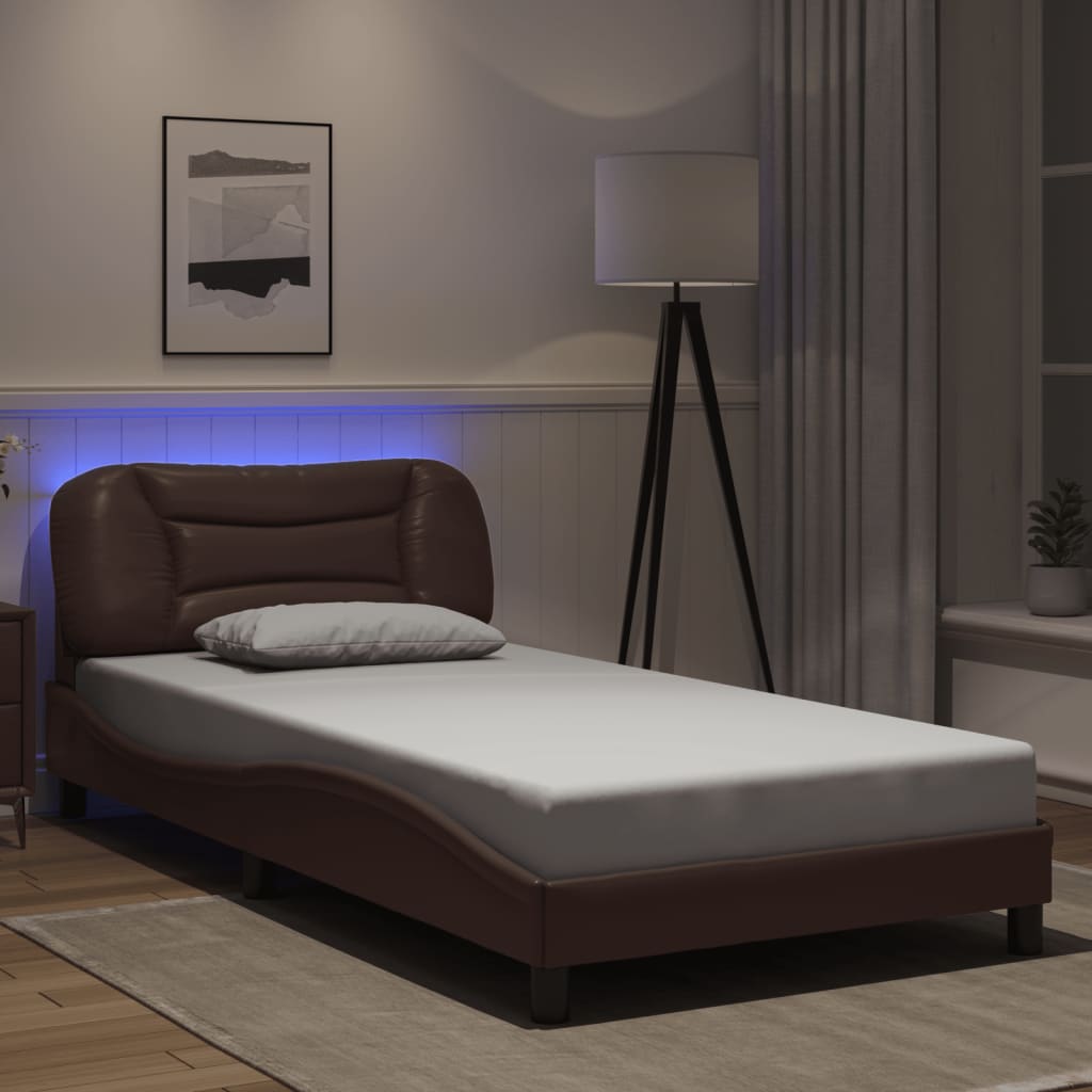 Bedframe met LED-verlichting kunstleer bruin 100x200 cm is nu te koop bij PeponiXL, paradijselijk wonen!