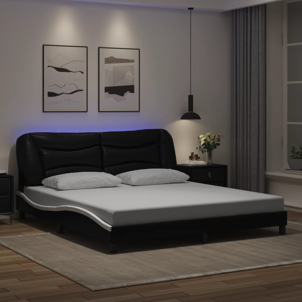 Bedframe met LED-verlichting kunstleer zwart en wit 180x200 cm is nu te koop bij PeponiXL, paradijselijk wonen!