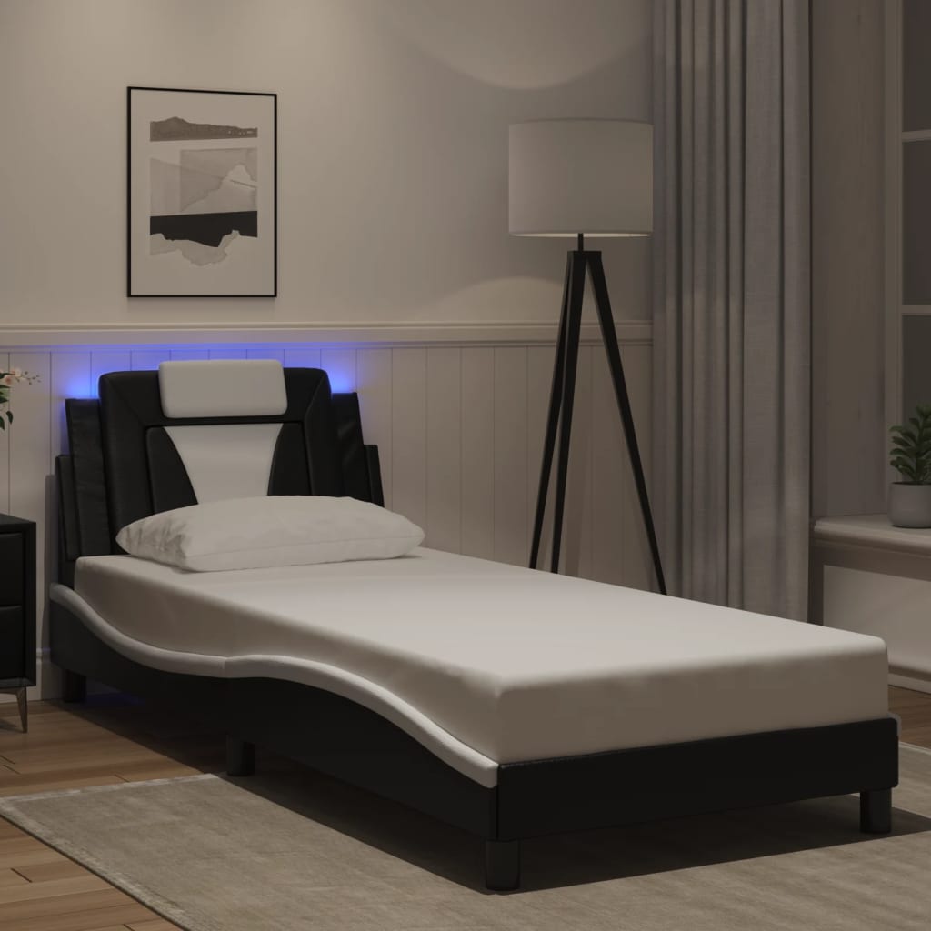 Bedframe met LED-verlichting kunstleer zwart en wit 80x200 cm is nu te koop bij PeponiXL, paradijselijk wonen!