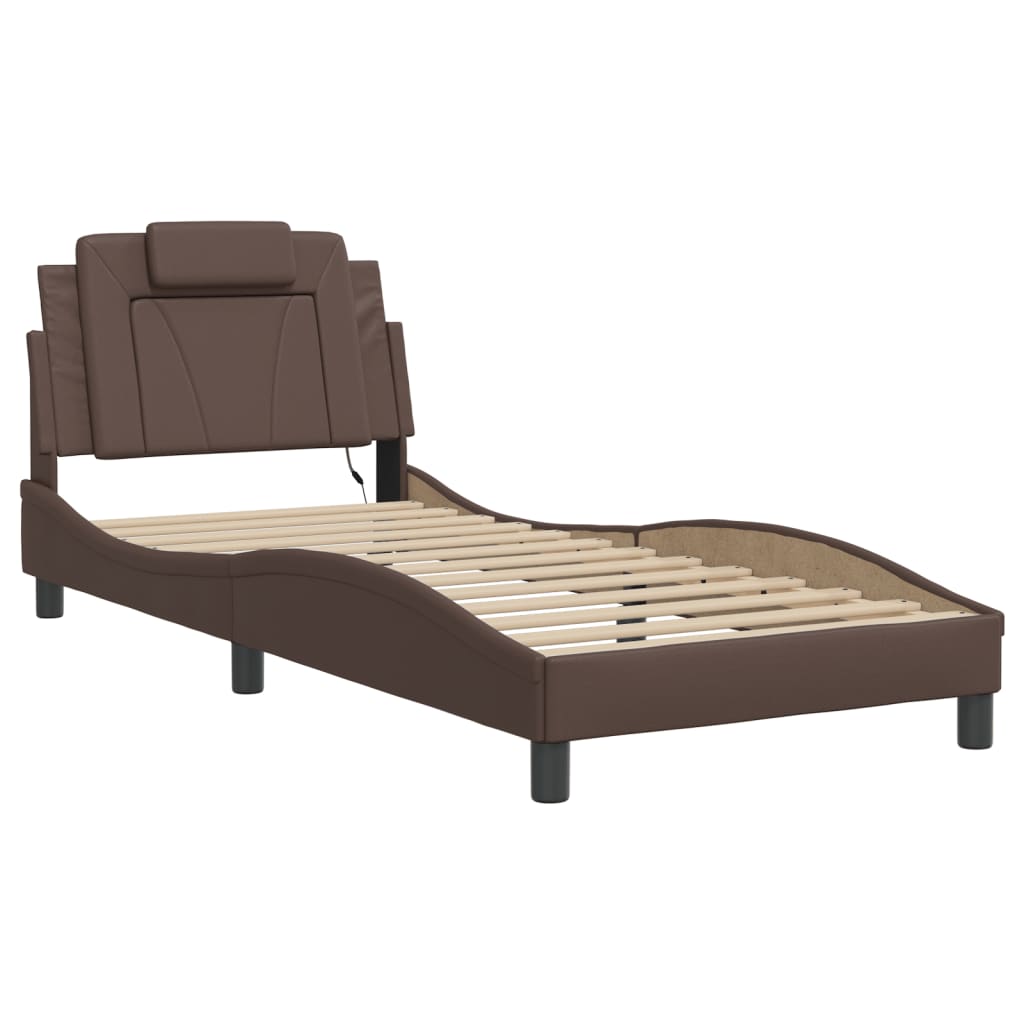 Bedframe met LED-verlichting kunstleer bruin 90x190 cm is nu te koop bij PeponiXL, paradijselijk wonen!