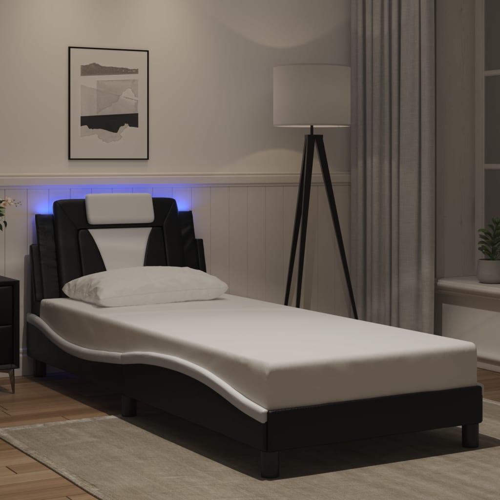 Bedframe met LED-verlichting kunstleer zwart en wit 90x190 cm is nu te koop bij PeponiXL, paradijselijk wonen!