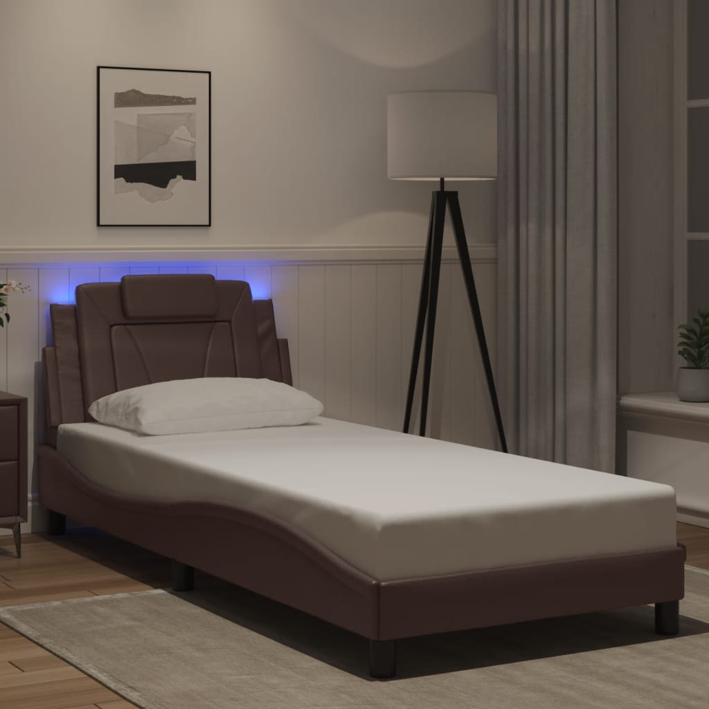 Bedframe met LED-verlichting kunstleer bruin 90x200 cm is nu te koop bij PeponiXL, paradijselijk wonen!