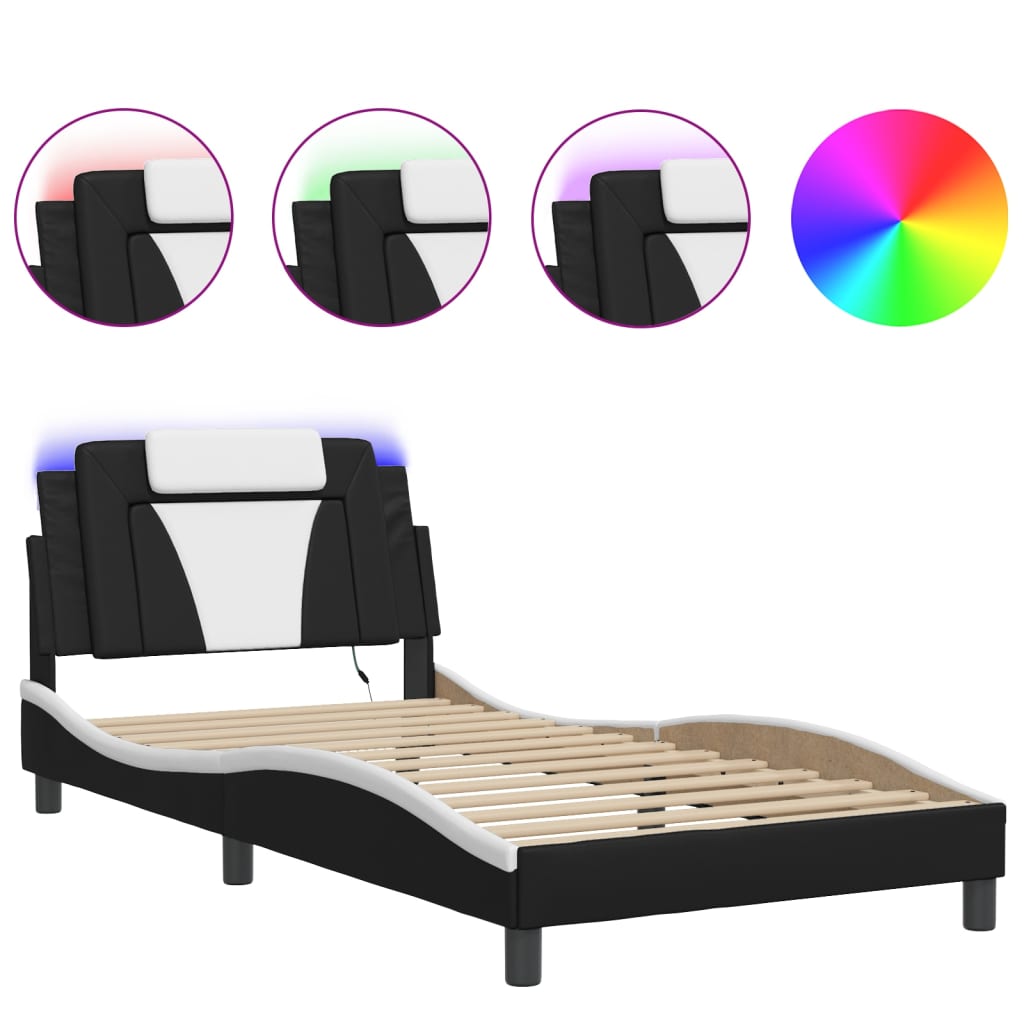 Bedframe met LED-verlichting kunstleer zwart en wit 100x200 cm is nu te koop bij PeponiXL, paradijselijk wonen!