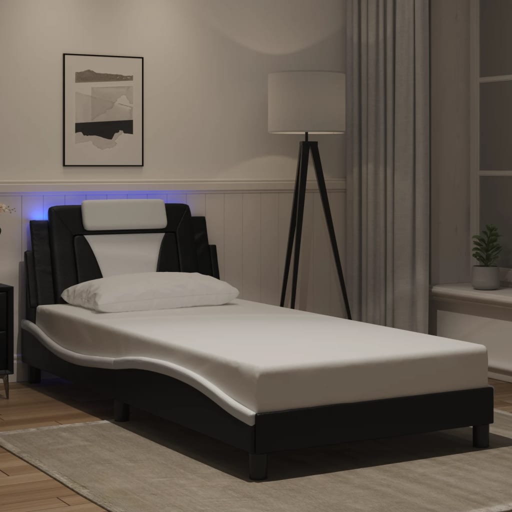 Bedframe met LED-verlichting kunstleer zwart en wit 100x200 cm is nu te koop bij PeponiXL, paradijselijk wonen!