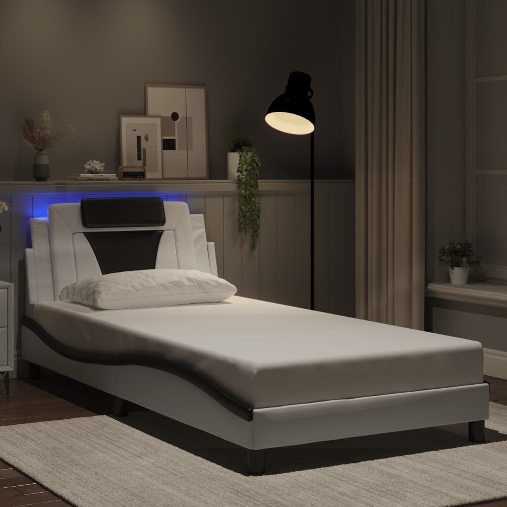 Bedframe met LED-verlichting kunstleer wit en zwart 100x200 cm is nu te koop bij PeponiXL, paradijselijk wonen!