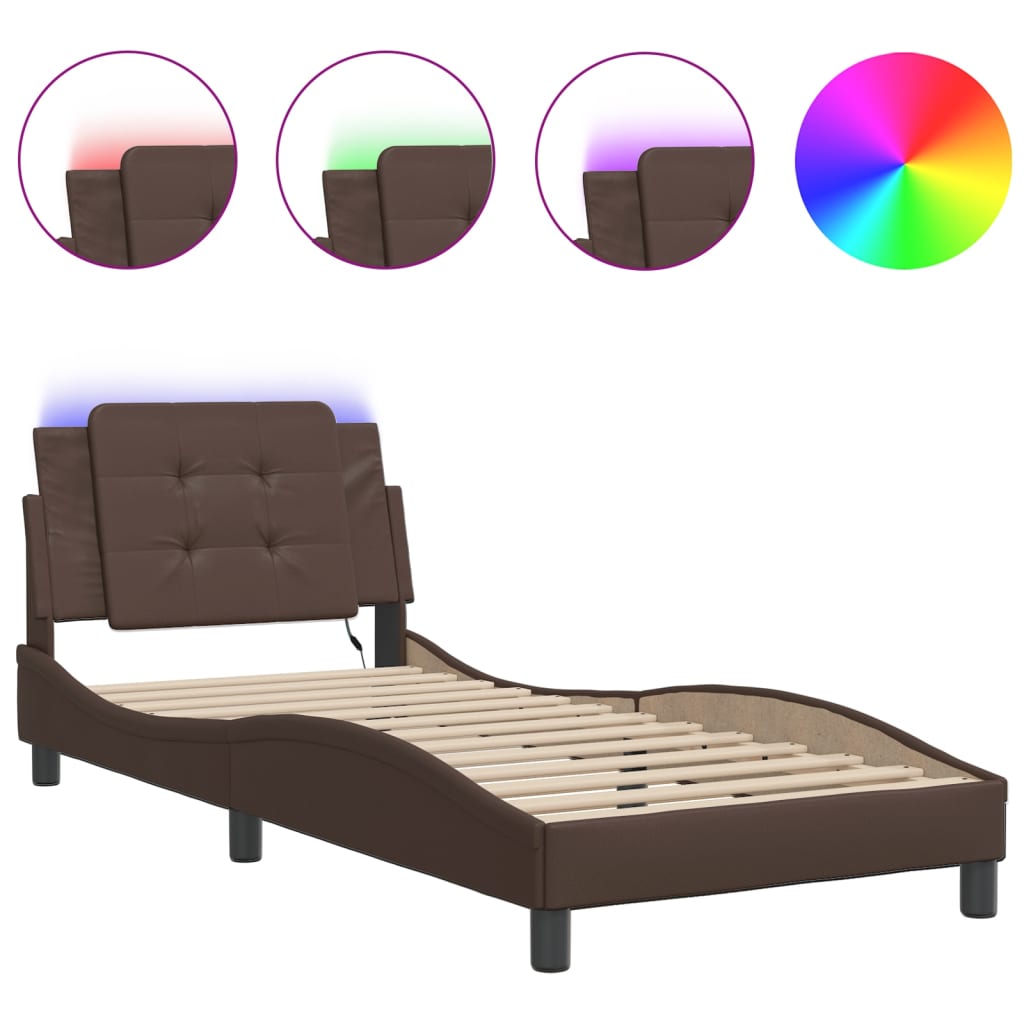 Bedframe met LED-verlichting kunstleer bruin 80x200 cm is nu te koop bij PeponiXL, paradijselijk wonen!