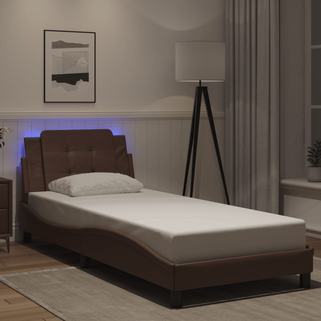 Bedframe met LED-verlichting kunstleer bruin 80x200 cm is nu te koop bij PeponiXL, paradijselijk wonen!