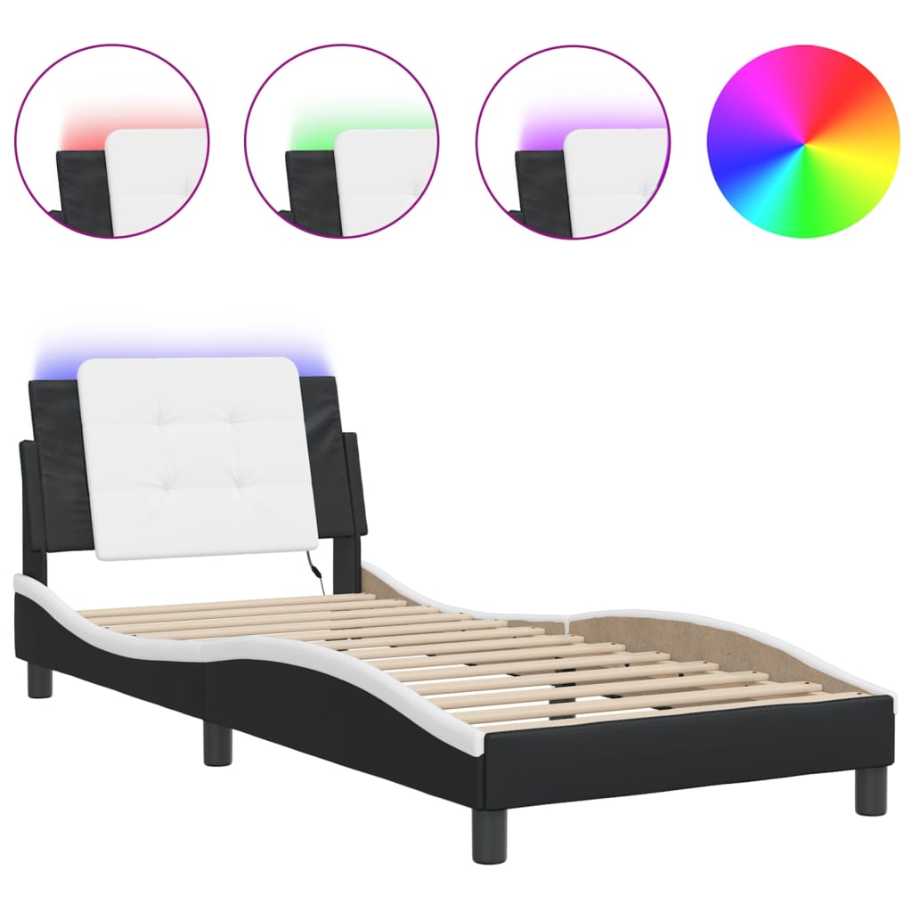 Bedframe met LED-verlichting kunstleer zwart en wit 80x200 cm is nu te koop bij PeponiXL, paradijselijk wonen!