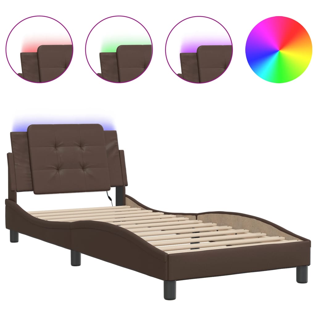 Bedframe met LED-verlichting kunstleer bruin 90x190 cm is nu te koop bij PeponiXL, paradijselijk wonen!