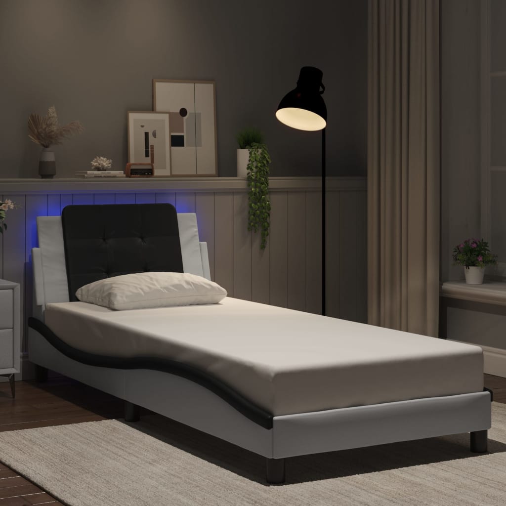Bedframe met LED-verlichting kunstleer wit en zwart 90x190 cm is nu te koop bij PeponiXL, paradijselijk wonen!