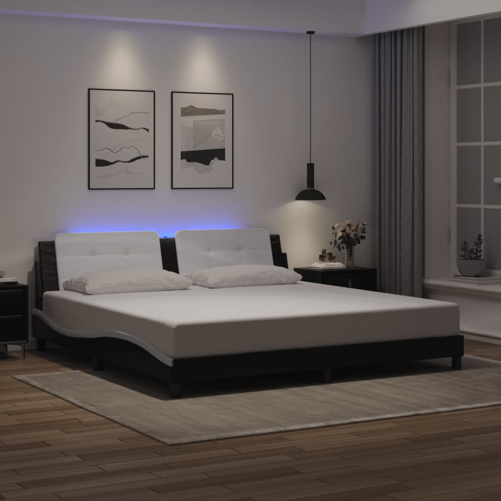 Bedframe met LED-verlichting kunstleer zwart en wit 200x200 cm is nu te koop bij PeponiXL, paradijselijk wonen!