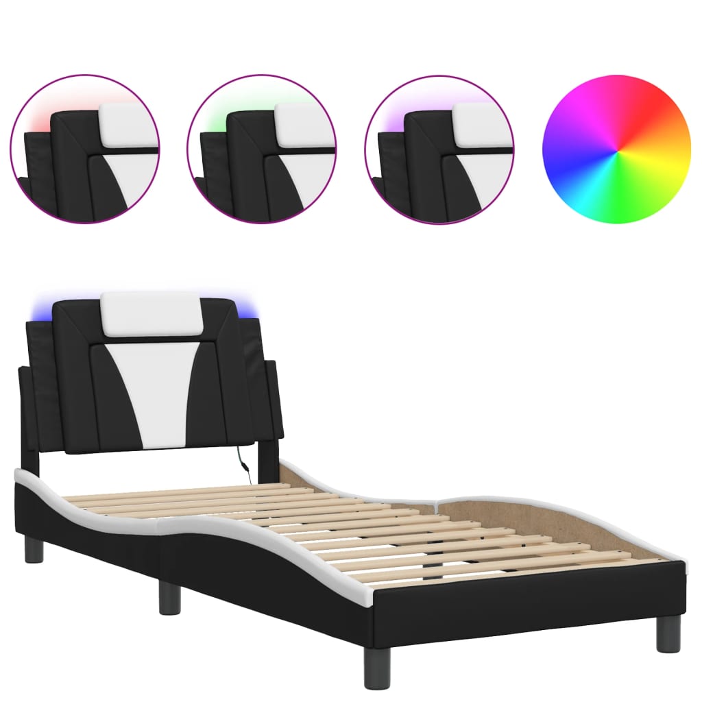 Bedframe met LED-verlichting kunstleer zwart en wit 90x190 cm is nu te koop bij PeponiXL, paradijselijk wonen!