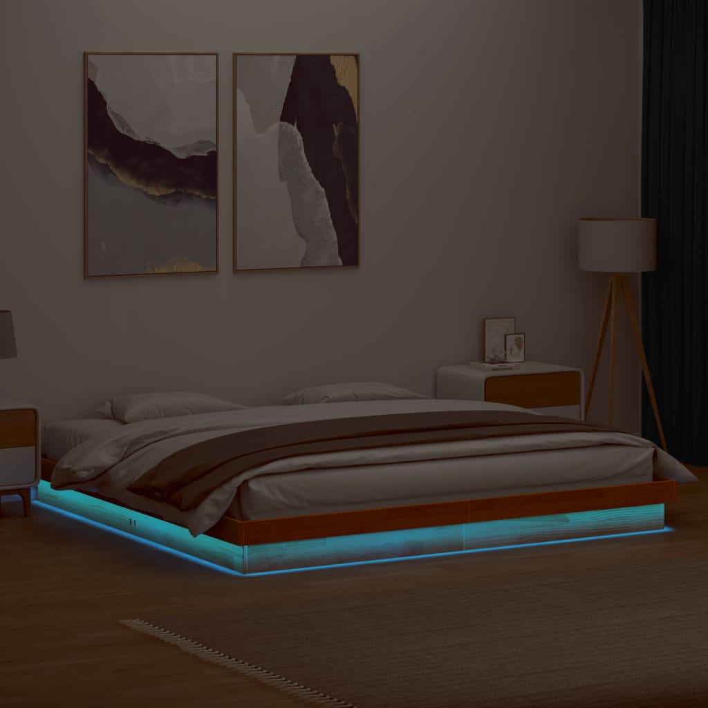 Bedframe met LED massief grenenhout wasbruin 200x200 cm is nu te koop bij PeponiXL, paradijselijk wonen!