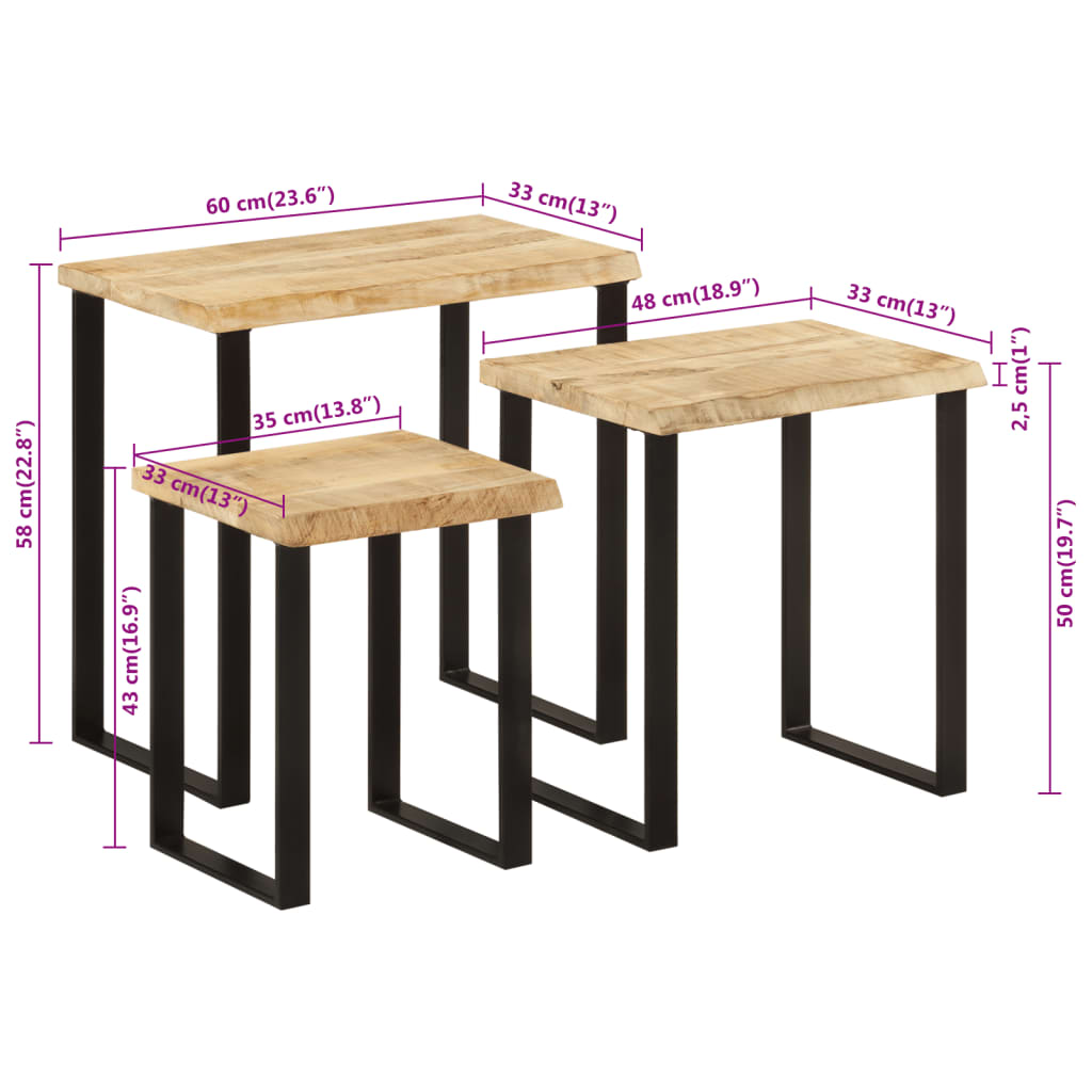 Tafeltjesset 3 st met natuurlijke rand massief mangohout is nu te koop bij PeponiXL, paradijselijk wonen!