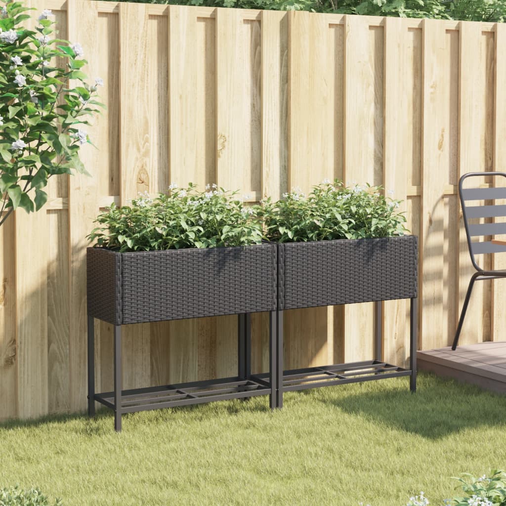 Plantenbakken met schap 2 st 70x28x70 poly rattan zwart is nu te koop bij PeponiXL, paradijselijk wonen!