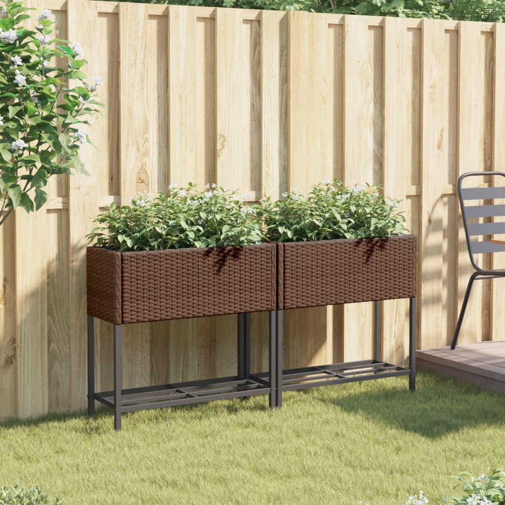 Plantenbakken met schap 2 st 70x28x70 poly rattan bruin is nu te koop bij PeponiXL, paradijselijk wonen!