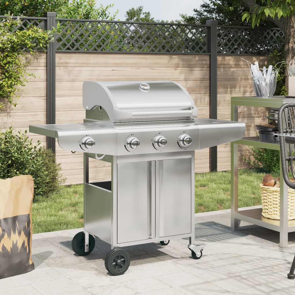 Gasbarbecue met 4 branders roestvrij staal zilverkleurig is nu te koop bij PeponiXL, paradijselijk wonen!