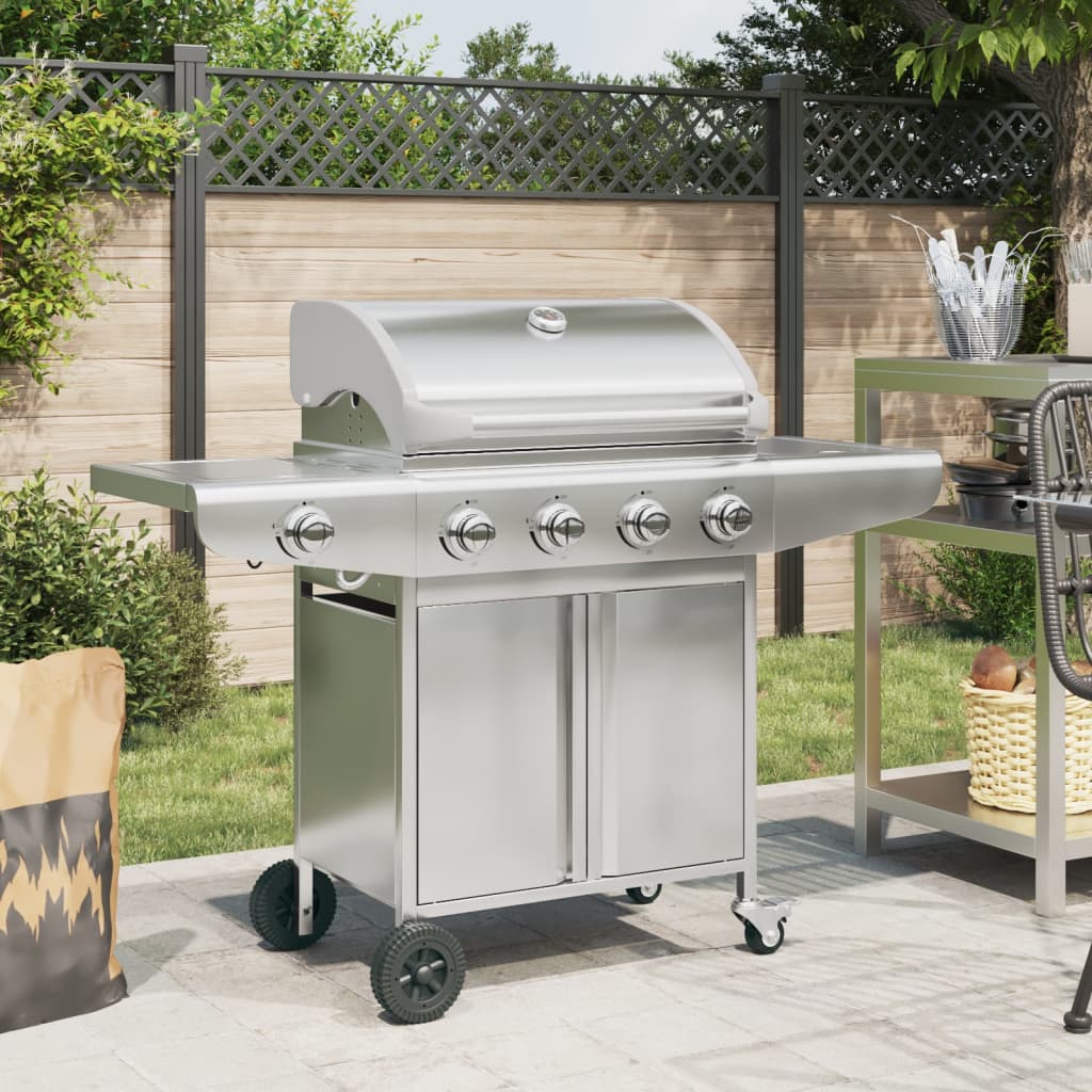 Gasbarbecue met 5 branders roestvrij staal zilverkleurig is nu te koop bij PeponiXL, paradijselijk wonen!