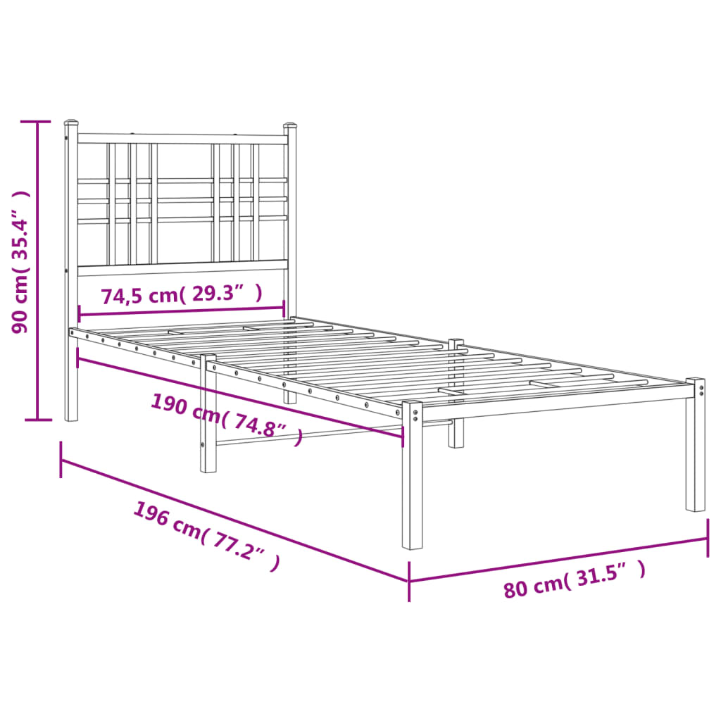 Bedframe met hoofdbord zonder matras metaal wit 75x190 cm is nu te koop bij PeponiXL, paradijselijk wonen!