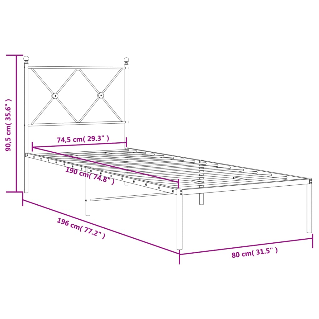 Bedframe met hoofdbord zonder matras metaal wit 75x190 cm is nu te koop bij PeponiXL, paradijselijk wonen!