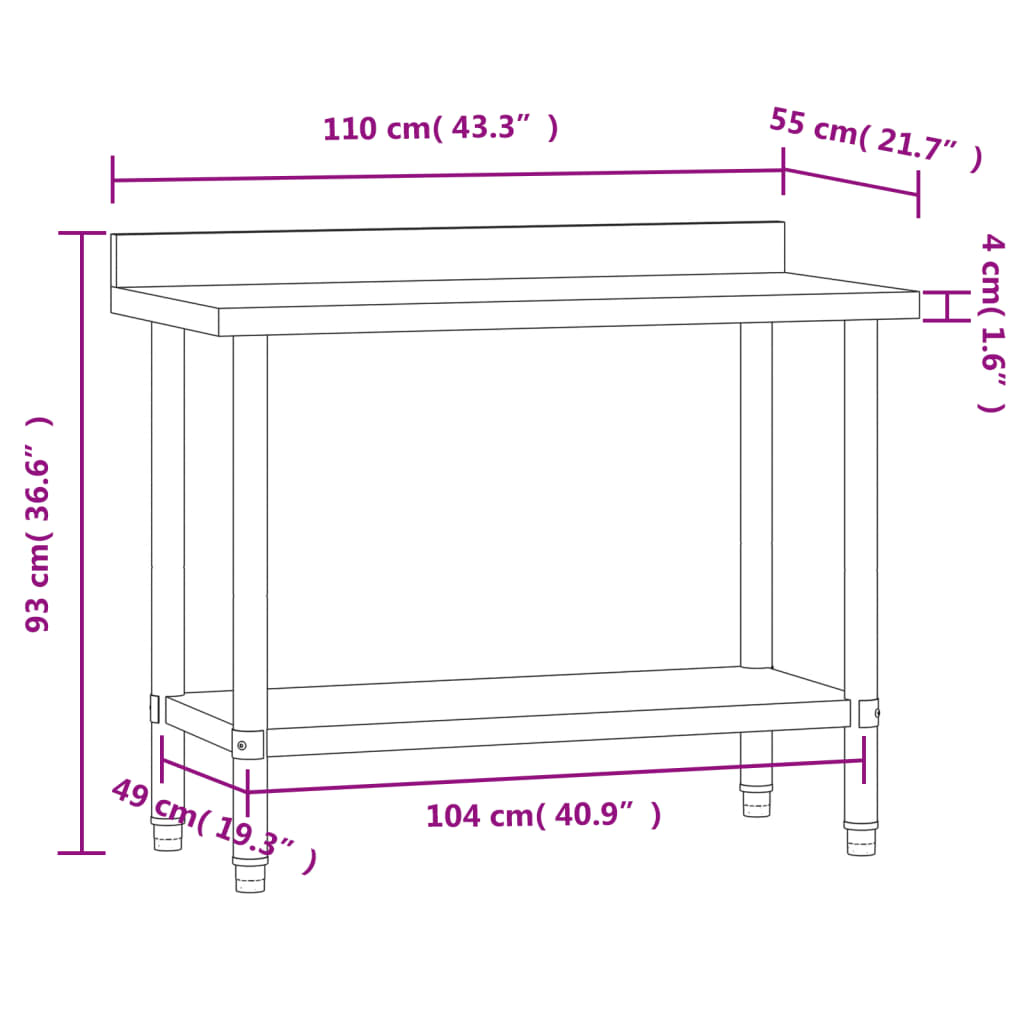 Keukenwerktafel met spatscherm 110x55x93 cm roestvrij staal is nu te koop bij PeponiXL, paradijselijk wonen!