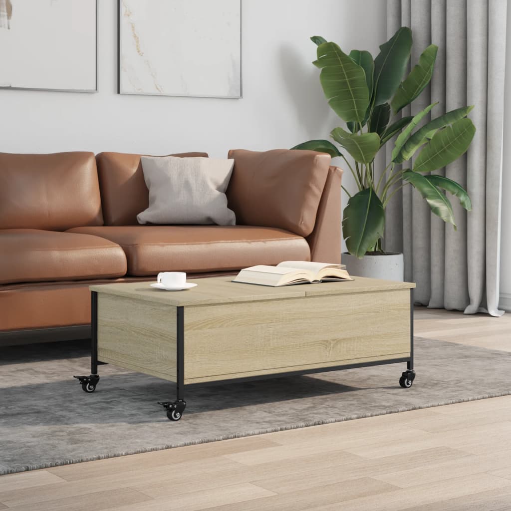 Salontafel met wielen 91x55x34 cm bewerkt hout sonoma eiken is nu te koop bij PeponiXL, paradijselijk wonen!