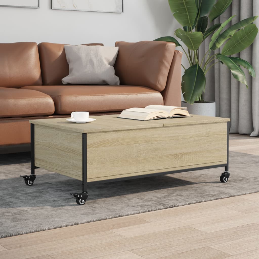Salontafel met wielen 91x55x34 cm bewerkt hout sonoma eiken is nu te koop bij PeponiXL, paradijselijk wonen!