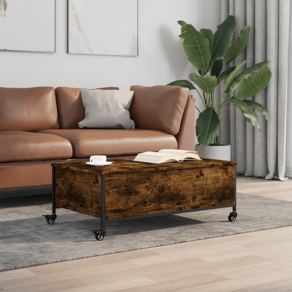 Salontafel met wielen 91x55x34 cm bewerkt hout gerookt eiken is nu te koop bij PeponiXL, paradijselijk wonen!