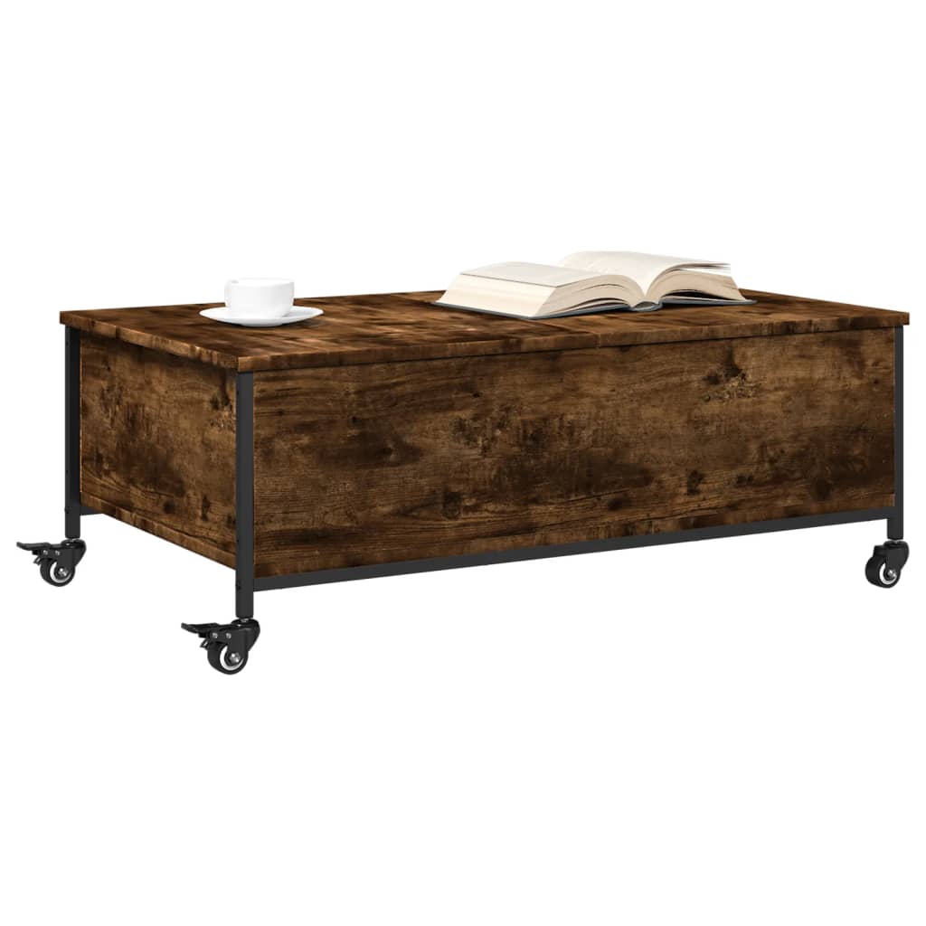 Salontafel met wielen 91x55x34 cm bewerkt hout gerookt eiken is nu te koop bij PeponiXL, paradijselijk wonen!