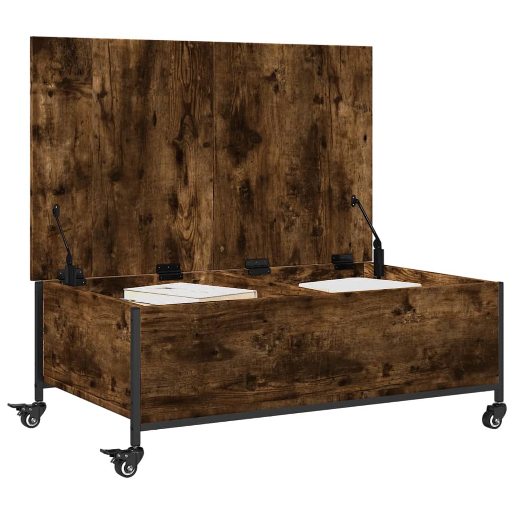 Salontafel met wielen 91x55x34 cm bewerkt hout gerookt eiken is nu te koop bij PeponiXL, paradijselijk wonen!