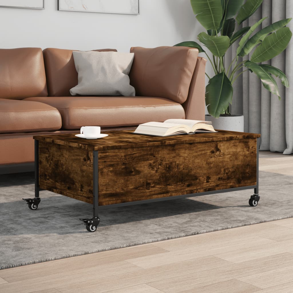 Salontafel met wielen 91x55x34 cm bewerkt hout gerookt eiken is nu te koop bij PeponiXL, paradijselijk wonen!