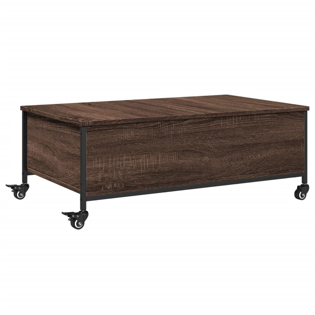 Salontafel met wielen 91x55x34 cm bewerkt hout bruin eikenkleur is nu te koop bij PeponiXL, paradijselijk wonen!