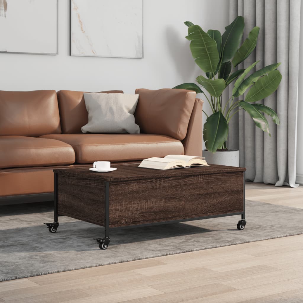 Salontafel met wielen 91x55x34 cm bewerkt hout bruin eikenkleur is nu te koop bij PeponiXL, paradijselijk wonen!