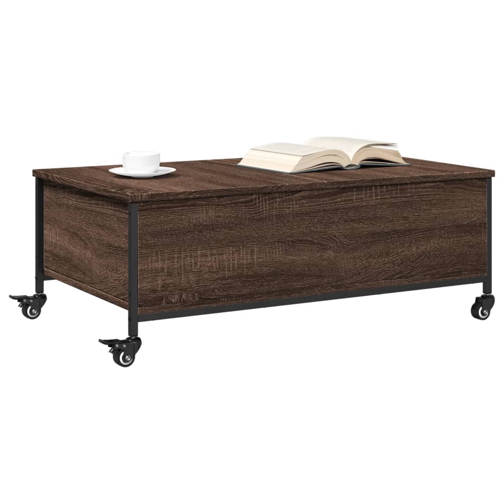 Salontafel met wielen 91x55x34 cm bewerkt hout bruin eikenkleur is nu te koop bij PeponiXL, paradijselijk wonen!