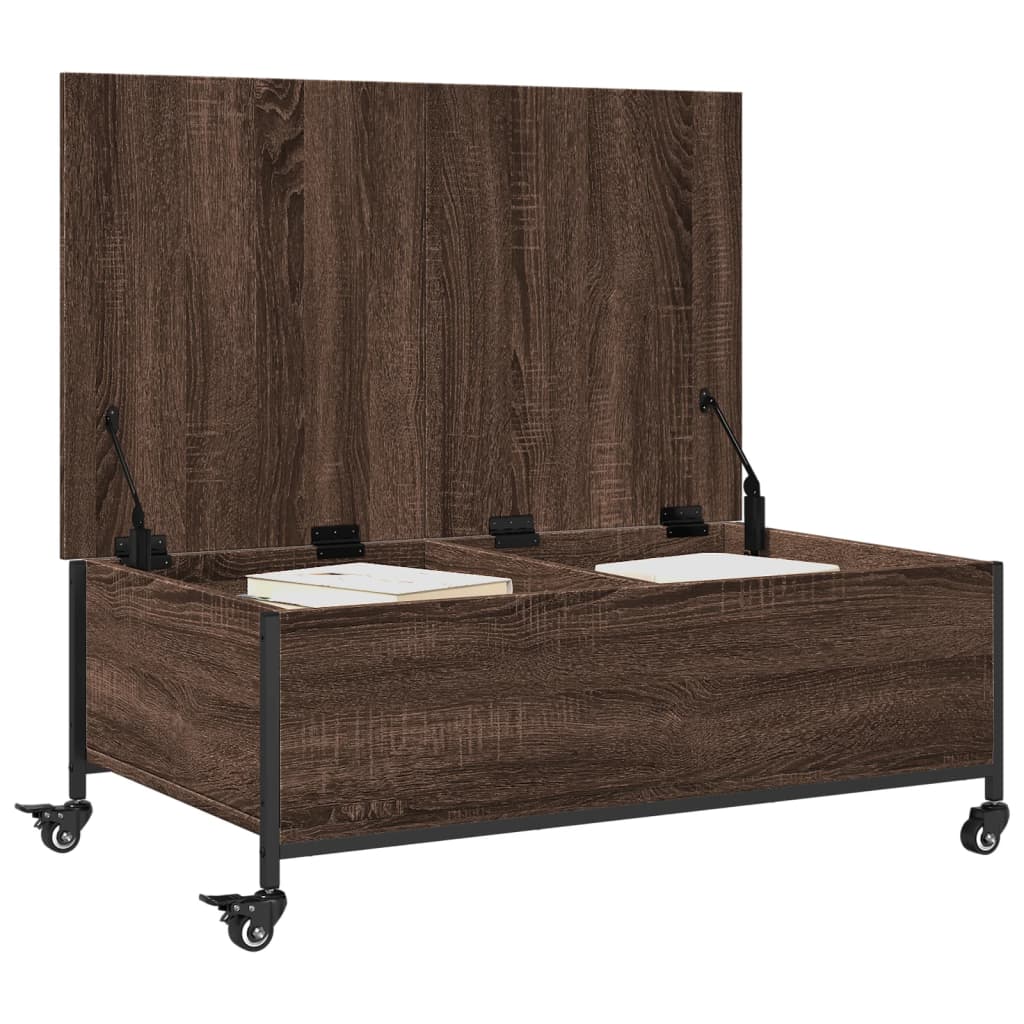 Salontafel met wielen 91x55x34 cm bewerkt hout bruin eikenkleur is nu te koop bij PeponiXL, paradijselijk wonen!