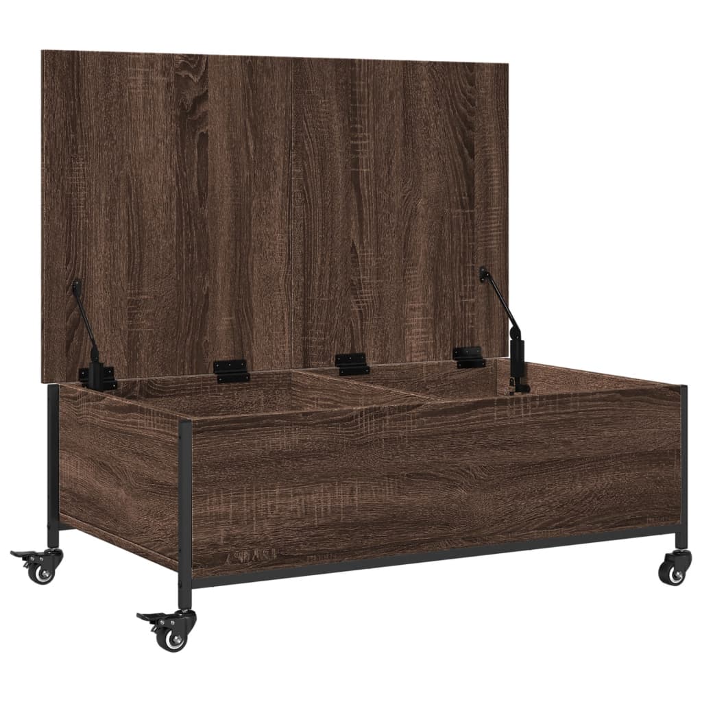 Salontafel met wielen 91x55x34 cm bewerkt hout bruin eikenkleur is nu te koop bij PeponiXL, paradijselijk wonen!