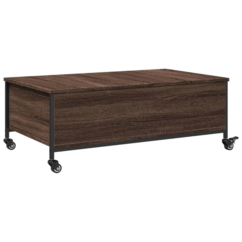 Salontafel met wielen 91x55x34 cm bewerkt hout bruin eikenkleur is nu te koop bij PeponiXL, paradijselijk wonen!