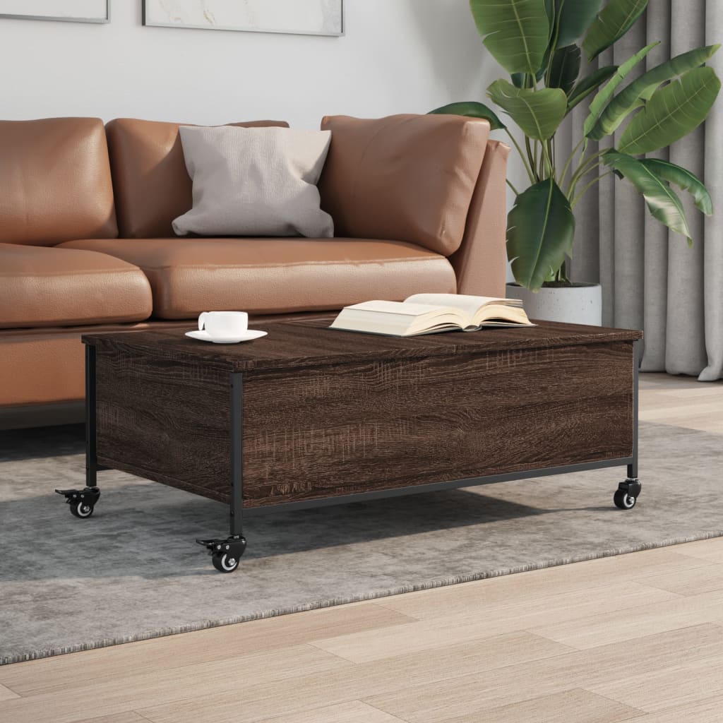 Salontafel met wielen 91x55x34 cm bewerkt hout bruin eikenkleur is nu te koop bij PeponiXL, paradijselijk wonen!