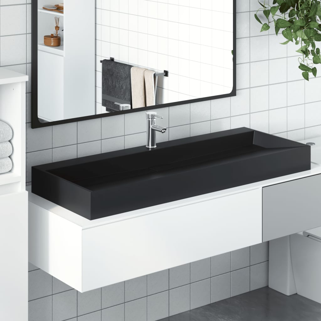 Wastafel 120x46x11 cm gegoten mineraal/marmer matzwart is nu te koop bij PeponiXL, paradijselijk wonen!