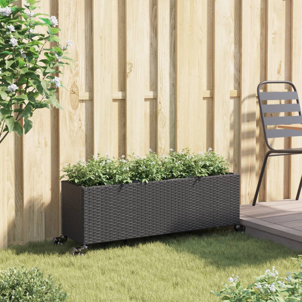 Plantenbak met wielen 3 potten 107x32x38 cm poly rattan zwart is nu te koop bij PeponiXL, paradijselijk wonen!