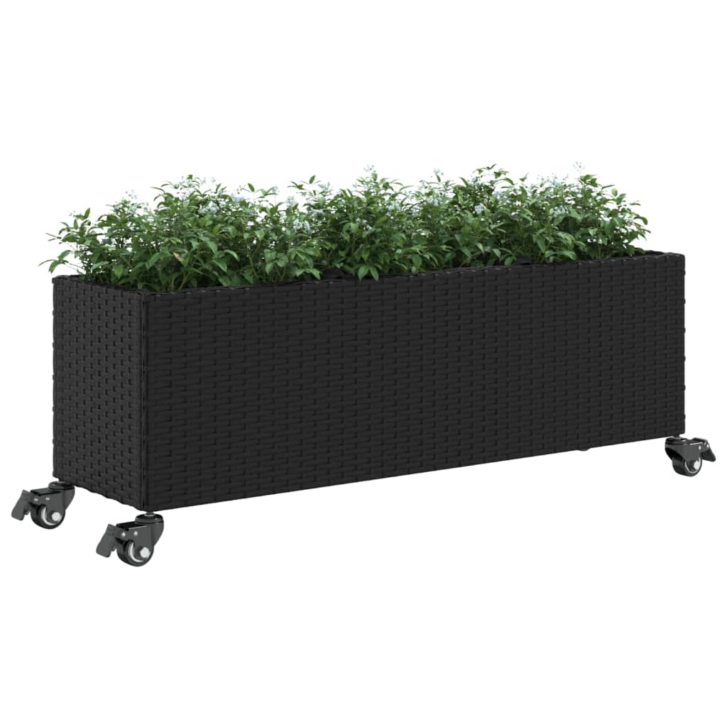 Plantenbak met wielen 3 potten 107x32x38 cm poly rattan zwart is nu te koop bij PeponiXL, paradijselijk wonen!