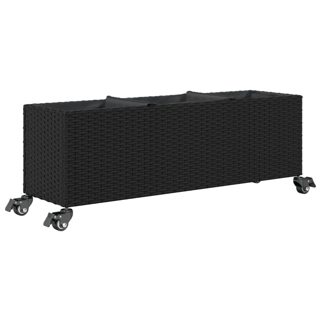 Plantenbak met wielen 3 potten 107x32x38 cm poly rattan zwart is nu te koop bij PeponiXL, paradijselijk wonen!