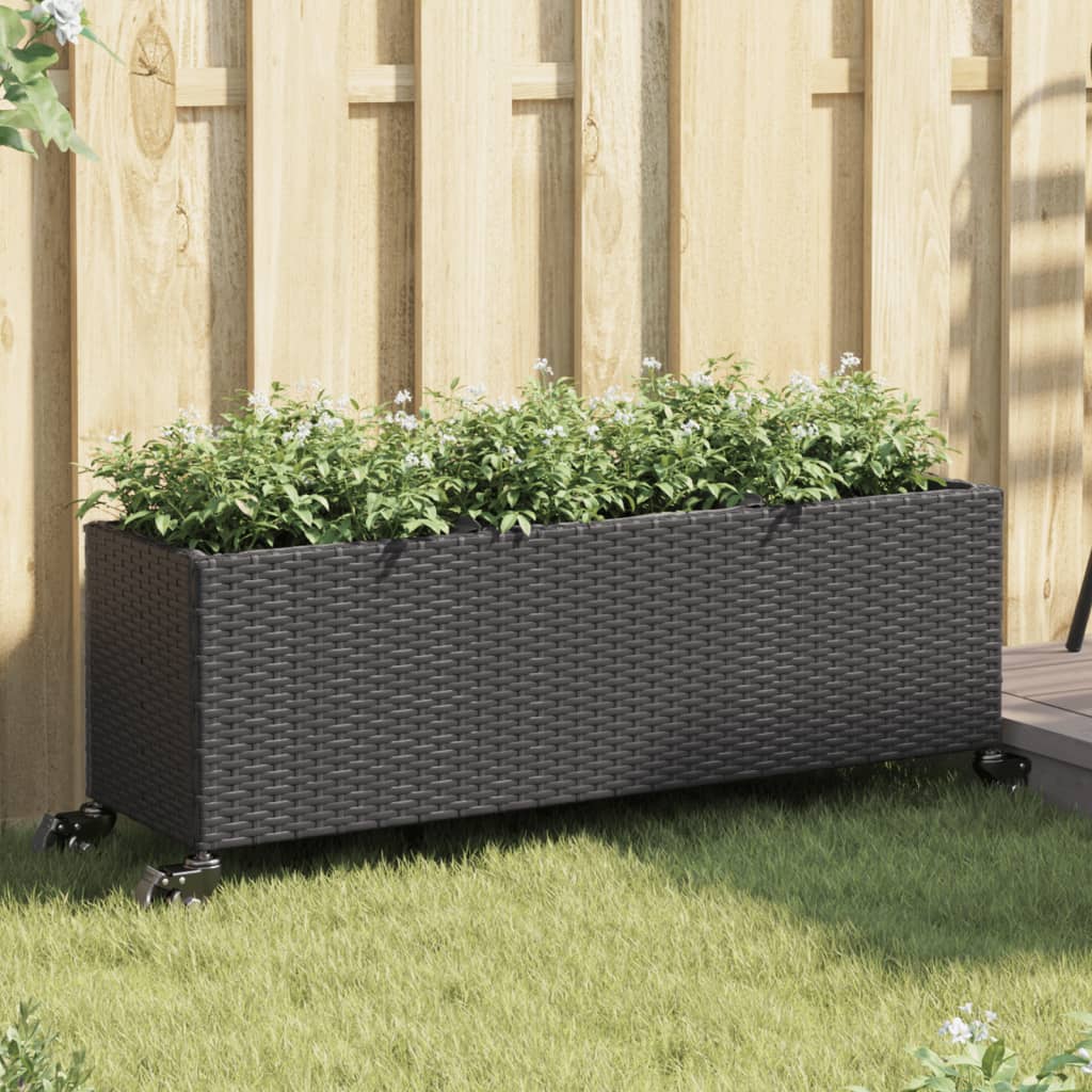 Plantenbak met wielen 3 potten 107x32x38 cm poly rattan zwart is nu te koop bij PeponiXL, paradijselijk wonen!