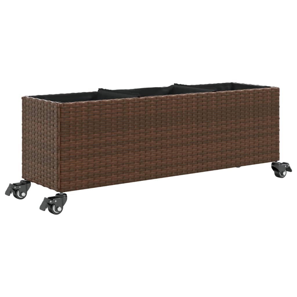 Plantenbak met wielen 3 potten 107x32x38 cm poly rattan bruin is nu te koop bij PeponiXL, paradijselijk wonen!