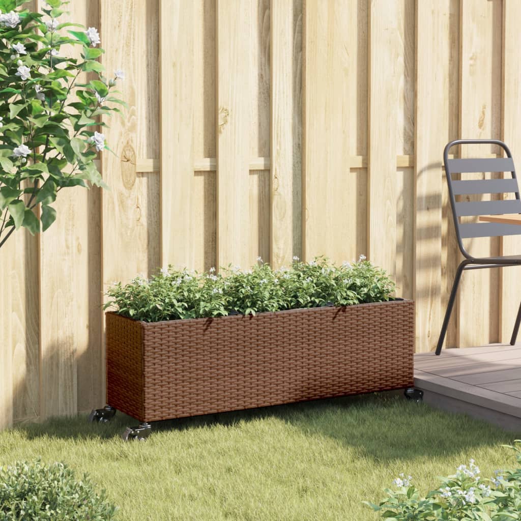 Plantenbak met wielen 3 potten 107x32x38 cm poly rattan bruin is nu te koop bij PeponiXL, paradijselijk wonen!