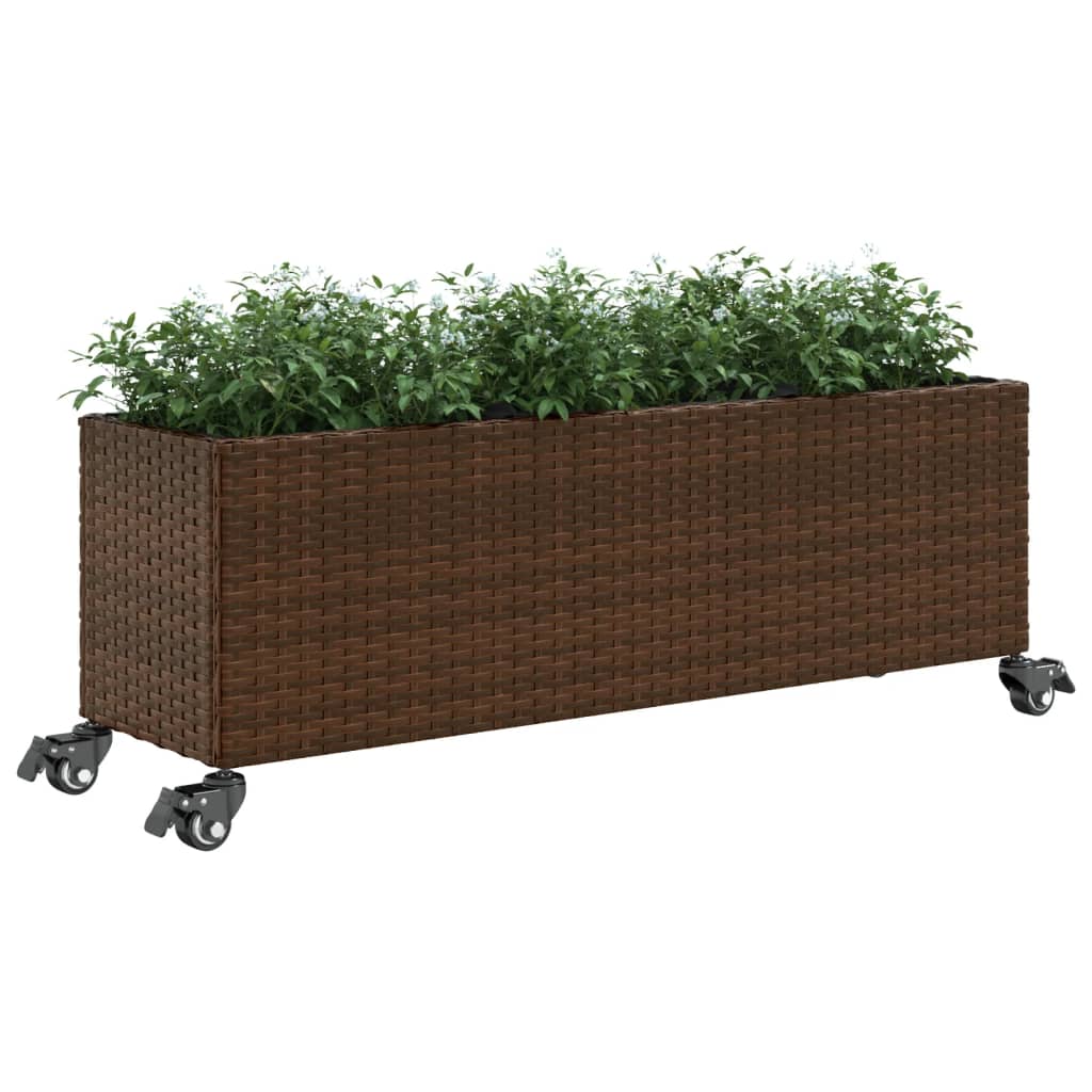 Plantenbak met wielen 3 potten 107x32x38 cm poly rattan bruin is nu te koop bij PeponiXL, paradijselijk wonen!