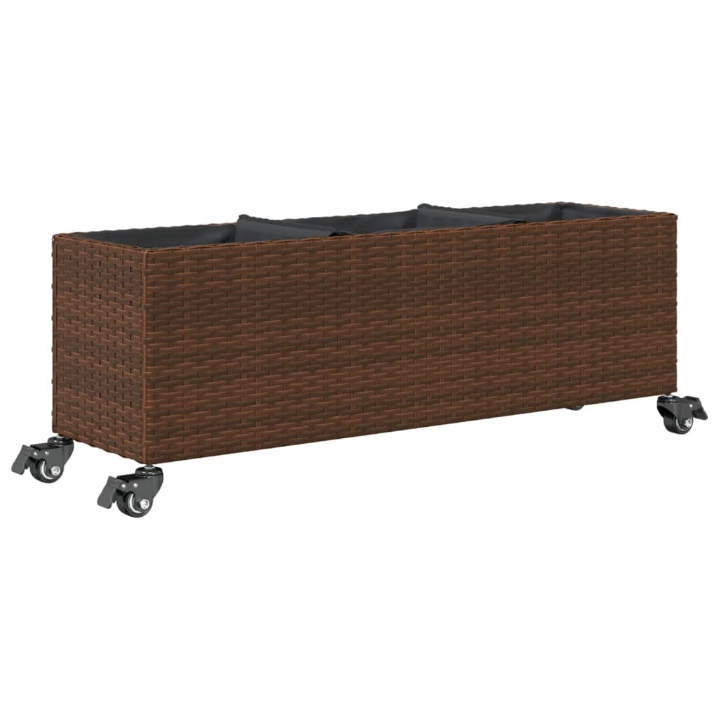 Plantenbak met wielen 3 potten 107x32x38 cm poly rattan bruin is nu te koop bij PeponiXL, paradijselijk wonen!