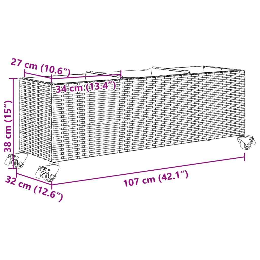 Plantenbak met wielen 3 potten 107x32x38 cm poly rattan bruin is nu te koop bij PeponiXL, paradijselijk wonen!