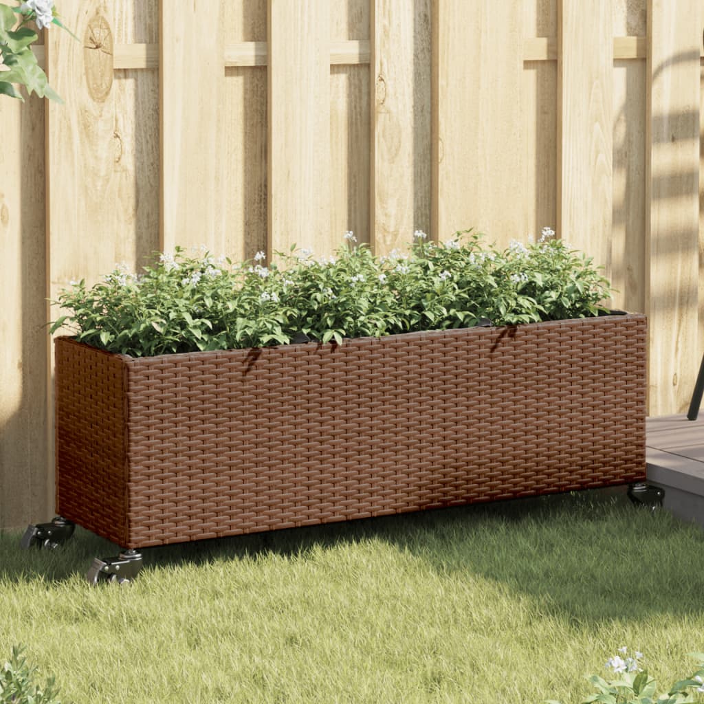 Plantenbak met wielen 3 potten 107x32x38 cm poly rattan bruin is nu te koop bij PeponiXL, paradijselijk wonen!